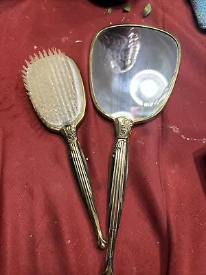 Vintage Gold Brocade Floral Handle Mirror And Brush Vanity Set - Unused Clean • $19