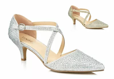 £8.99 • Buy Ladies Diamante Glitter Mid Kitten Heel Strappy Evening Party Shoes Sizes 3-8