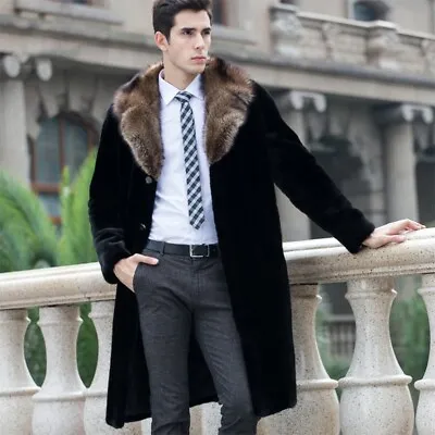 Mens Faux Fur Lapel Collar Outwear Mid Long Jacket Work Thicken Parka Overcoat • $125.89