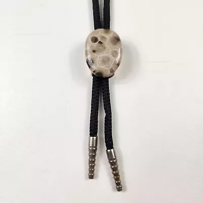 Petoskey Stone Northern Michigan Bolo Tie Oval Steel Ends Cowboy Western Vintage • $19.99