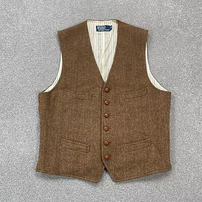 Polo Ralph Lauren Waistcoat Adult Medium Brown Wool Tweed Vest Jacket Mens • £129.99