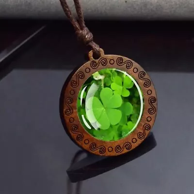 Four-leaf Clover Pendant Green Lucky Wood Pendant Rope Chain Necklace Men Women • $15.98