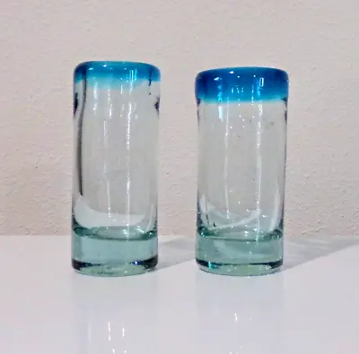 Pair Mexican Art Glass Hand Blown Shot Glasses Clear To Blue • $20