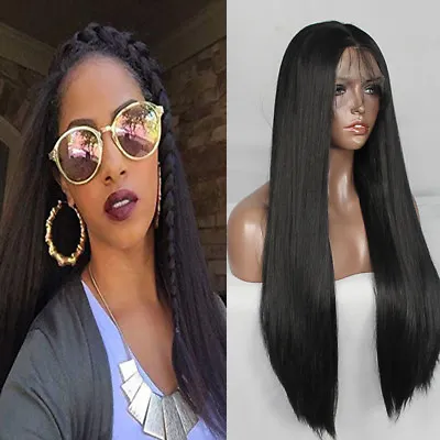 Light Yaki Lace Front Wig Long Black Color Synthetic Hair Wigs Natural Baby Hair • $34.23
