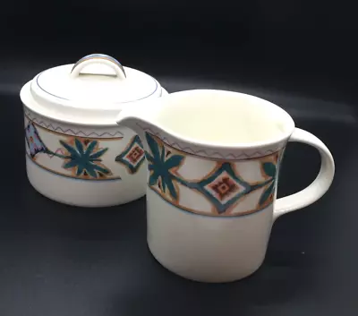 Vtg MIKASA La Mancha CREAMER & SUGAR BOWL With Lid Blue Teal Gold Intaglio CAC82 • $13.95