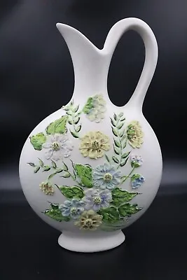 Vintage Tall Ceramic Pitcher Vase 3D Flower Signed Ethel • $28