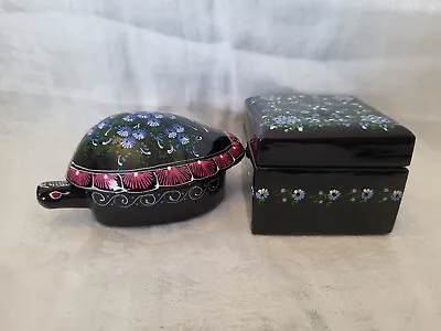 Vintage Black Lacquer Trinket Boxes Turtle Square Floral Thailand Set Of 2 • $17.49