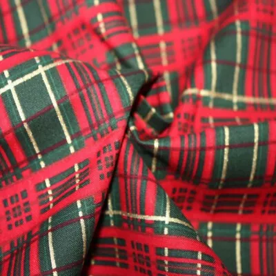 100% Cotton Poplin Fabric Christmas Festive Metallic Tartan Check 135cm Wide • £3.90