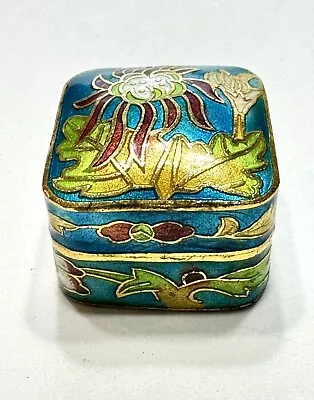 Vintage Cloisonne Enamel Square Trinket Box Turquoise  Blue Floral With Leaves • $35