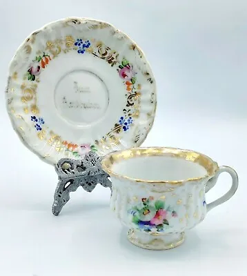 Carl Tielsch Germany Porcelain Cup & Saucer Flowers Zum Andenken In Memory C1850 • $59.99