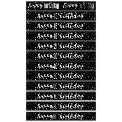 9ft Black Silver Birthday Foil Banner Decoration Rectangle Banner Party Decor • £2.40