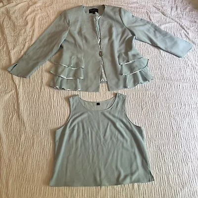 Moshita Couture Blazer & Blouse Size 18 Soft Blue Beaded Sheer Ruffled Trim • $26.07