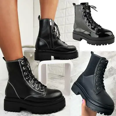 £19.99 • Buy Womens Chunky Lace Up Military Ankle Boots Black Winter Comfy Thick Sole Shoes