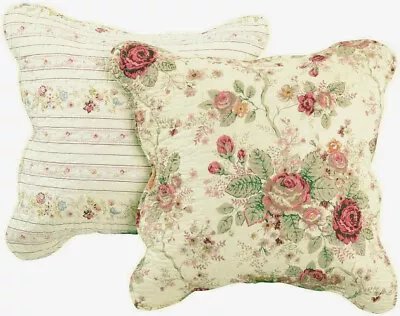 ANTIQUE ROSE 2pc PILLOW SET 18x18 : CHIC COUNTRY COTTAGE YELLOW SHABBY RED ROSES • $41.45