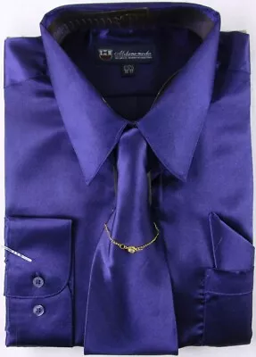 NWOT Milano Moda Men's Dark Purple Satin 4 Pc. Dress Shirt Set 17-17.5 (36-37) • $18.39