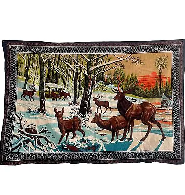 Vtg Midcentury Deer Elk Winter Scene Tapestry Wall Hanging Velvet 50” X 36” • $45