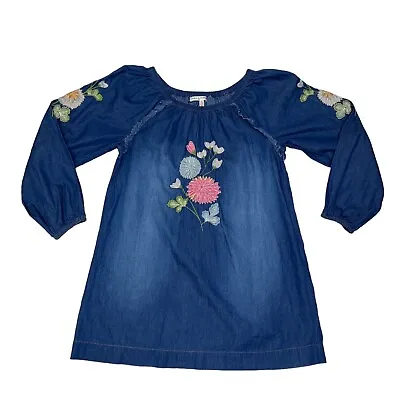 Mimi & Maggie Girls Size L/14 Embroidered Floral Fringed Top Denim Tunic • $8.99