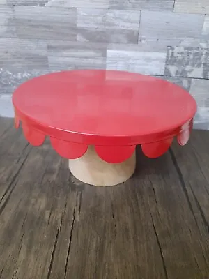 Wood Pedestal Red Scalloped Metal Top Cake Cupcake Display Stand 8  X 4  • $14