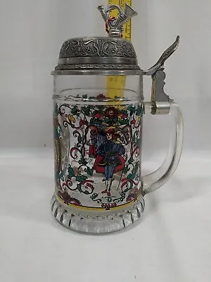 Vintage Glass Beer Stein Mug W/ Pewter Lid & Music Box Handpainted Lion Crest • $20