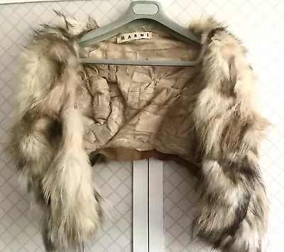 Marni - Authentic Brown + Beige Fur Shrug Stole With Brown Leather Trims - S /10 • $298.81