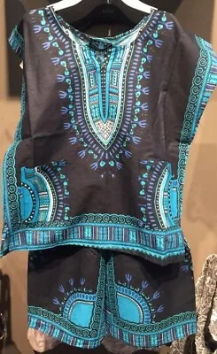 (Black-Blue)Kids Dashiki Suit African Ethnic Dashiki Boys-Girls Shirt-Short Set  • £14.99