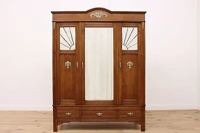 Classical Antique Oak Armoire Or Wardrobe Sunburst Mirrors #46920 • $1975