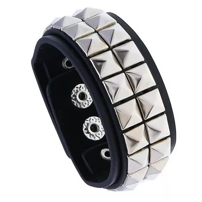 New Men's Punk Stud Trim Black Leather Cuff Snap Wrist Band Bracelet • $8.50