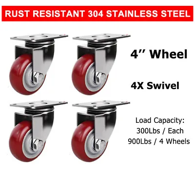 4 Pcs 4'' Stainless Steel Swivel Caster Wheel Red Poly Casters Wheels • $89.99
