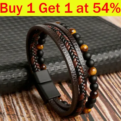 Mens Leather Bracelet Handmade Braided Wristband Clasp Genuine Brown Unisex • £4.24