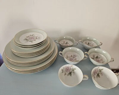 $85 • Buy Vintage Dinner Set Noritake China Roses  21 Pieces In Sage Green