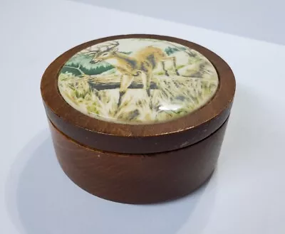 Vintage Round Wood Trinket Jewelry Box Ceramic Top Deer Buck Scene 3.5  Wide • $12.50