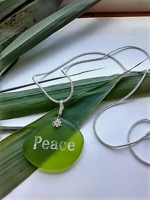 Engraved Inspirational  PEACE  Green Sea Glass Pendant Snake Chain Necklace • $23.99