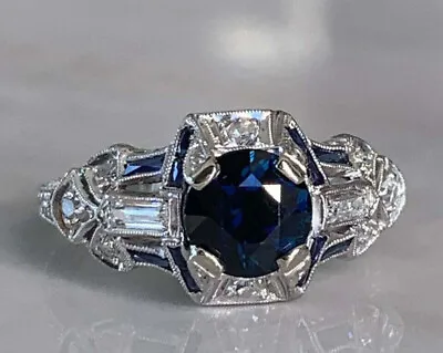 Art Deco Sapphire Diamond Vintage Edwardian Engagement Ring In 14K White Gold • $273.60