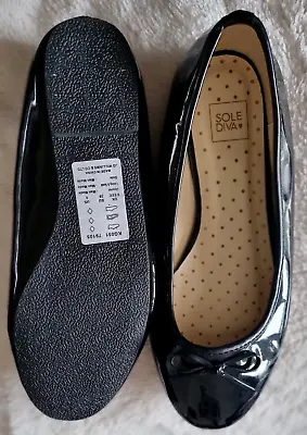 Women's Flat Shoes FAUX LEATHER BLACK SHOES Sole Diva Size 6EEE WIDE FIT • £19.99