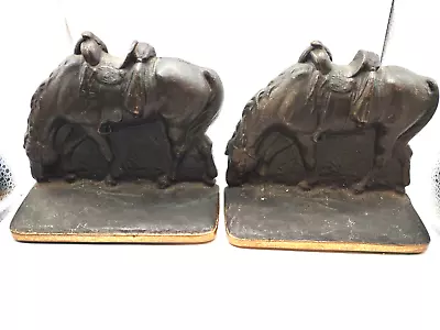 Vintage Cast Metal Western Grazing Horse With Saddles Book Ends • $16