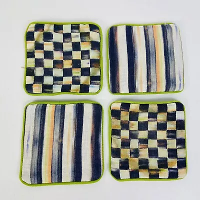 MacKenzie-Childs Courtly Check & Stripe Reversible 4” Cloth Coasters Set Of 4 • $29.99