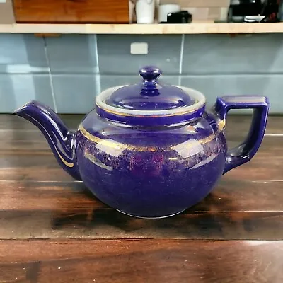 Vintage Hall 02 8 Cup Blue With Gold Trim Teapot Handle With Lid • $11.99