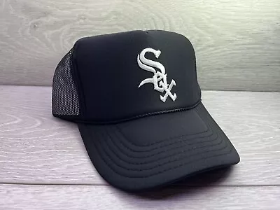 New Chicago White Sox Black Cap Hat 5 Panel High Crown Trucker Snapback Vtg • $24.95