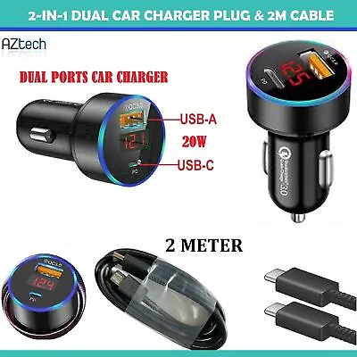 USB+TYPE-C 20W PD Fast Car Charger & 2M Long USB-C To C Cable For Samsung Phones • £8.99