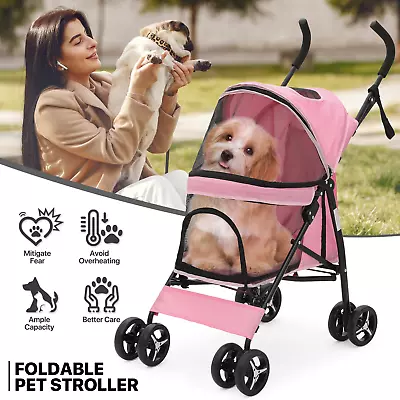 Pink Foldable Dog Stroller Adjustable Canopy Breathable Pet Travel Carrier Cart • $56.99