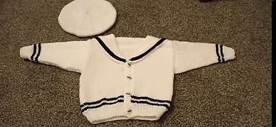 Handknitted Baby Boy Sailor Outfit With Boat Buttons And Hat 6-12 Months • £12
