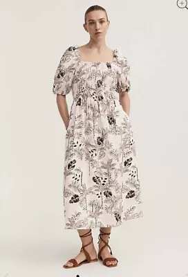 NEW Witchery Linen Jungle Tropical Print Puff Sleeve Midi Dress Sze 10 S $229.95 • $69.95