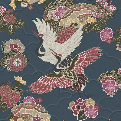 £2.99 • Buy Rasch Kyoto Crane Birds Blue & Purple Floral Japanese Oriental Wallpaper 282763