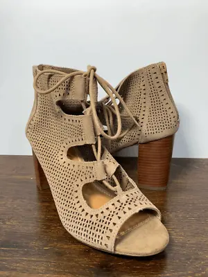 Crown Vintage Women Eralicia Peep Toe Heeled Bootie Lace Up Back Zip Taupe US 9 • $45
