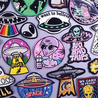 £2.29 • Buy Space Alien UFO Embroidered Biker Patches Sew On / Iron On Badges Applique Retro