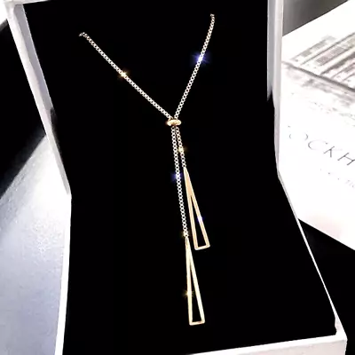 Womens Double Gold Triangle Necklace Boho Long Chain Bar Pendant UK • £4.45