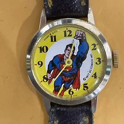 Superman Watch 1977 Swiss Made Runs Keeps Time Original Band Gold Case Dabs & CO • $149