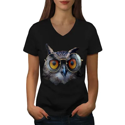Wellcoda Owl Glasses Hippie Womens V-Neck T-shirt Bird Graphic Design Tee • £17.99