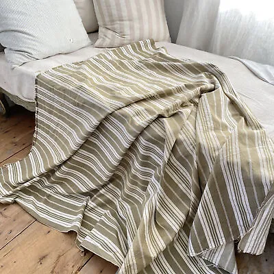 60 X 70 1920's Antique French Beige Ticking Linen Herringbone Fabric Material • £79.14