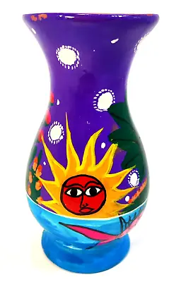 Mexican Folk Art Pottery Vase Celestial Sun Moon Fish Hand Painted Read! • $16